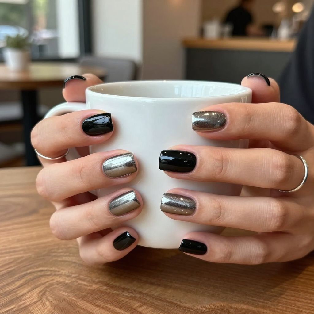 Black chrome mirror square nails