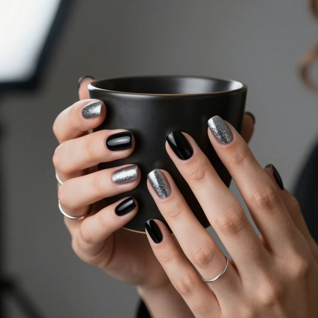 Black nails with silver glitter half moon