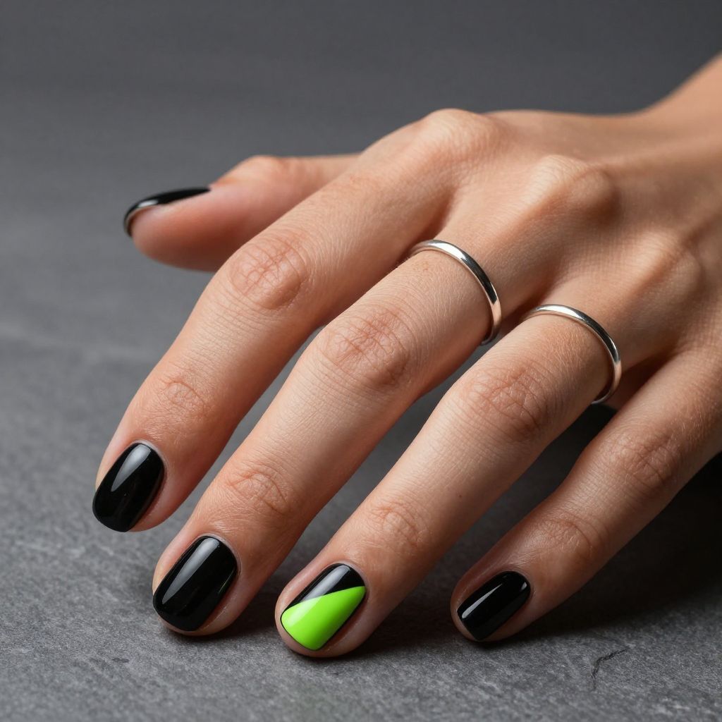 Black nails with neon lime accent stripe
