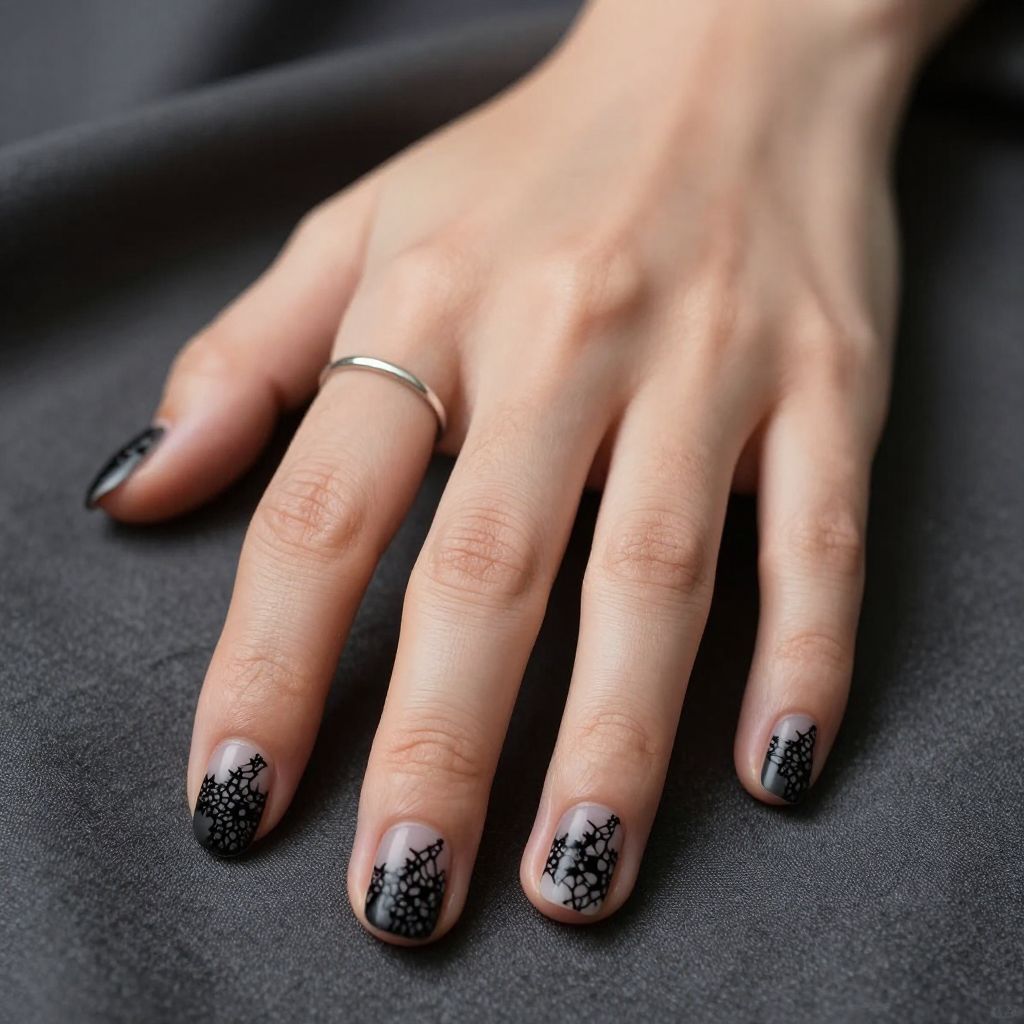 Black lace detail on short round nails