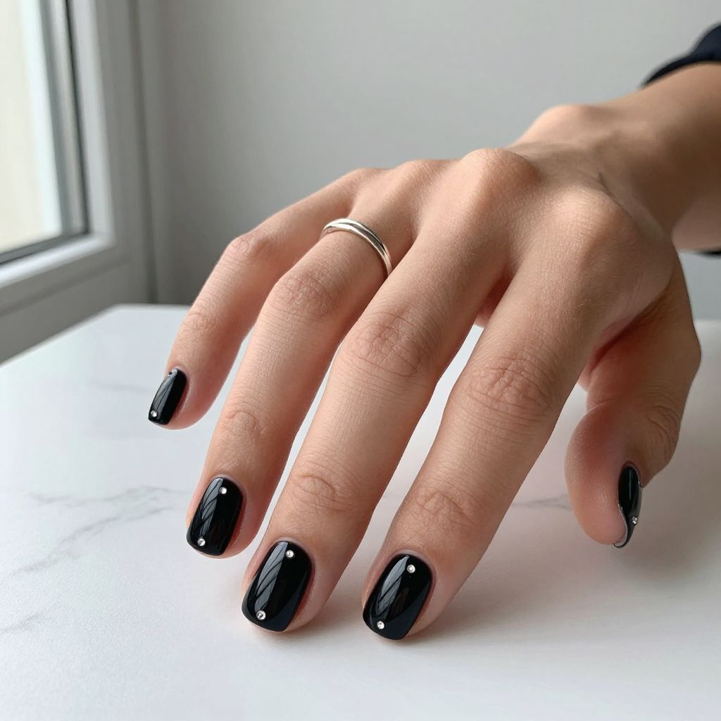 Short Black Nails With Tiny Rhinestones