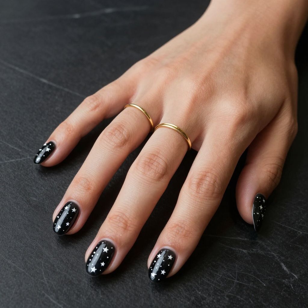 Short Black Nails With Micro Stars