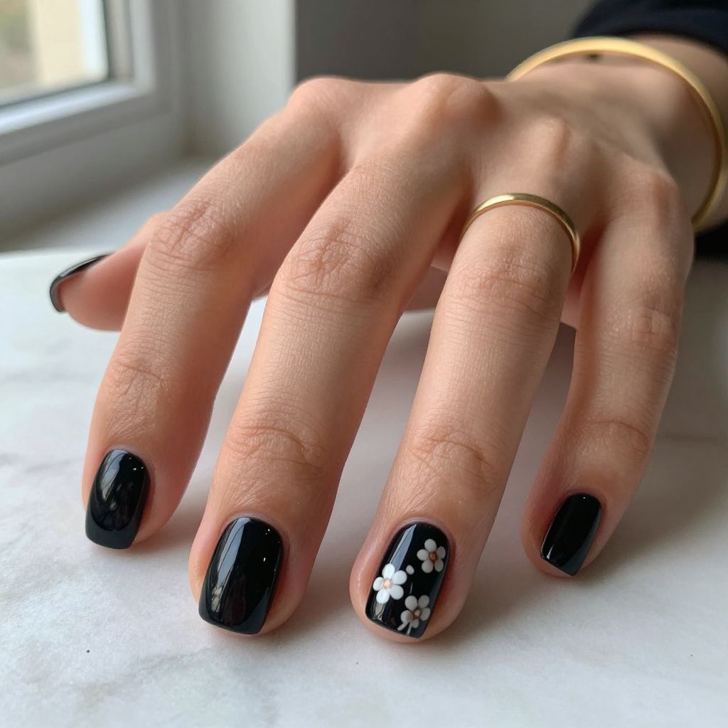 Short Black Nails With Floral Accents