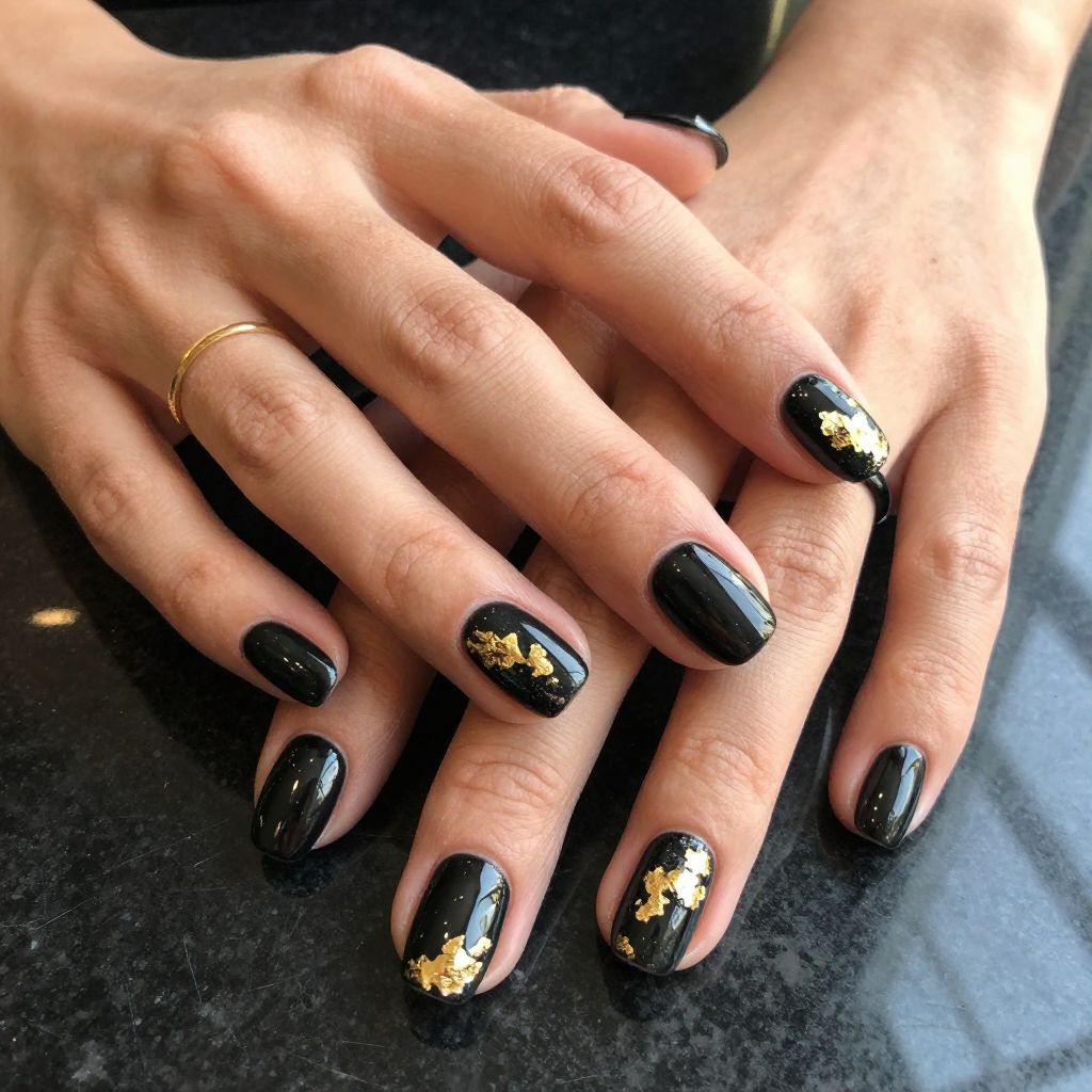 Short Black Nails With Gold Foil