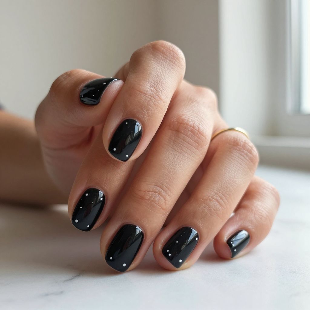 Black Nails With Tiny White Dots