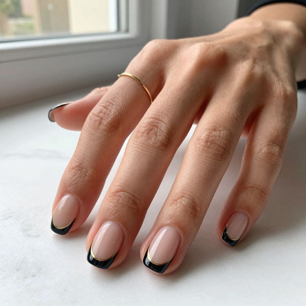 Short Black Nails With Nude Half Moons