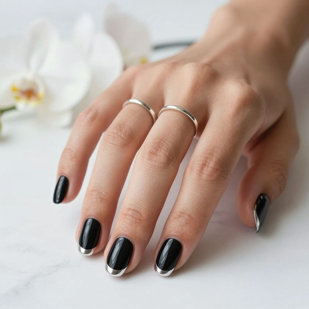 Short Black Nails With Silver Chrome Tips