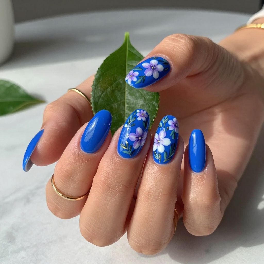 Royal Blue Floral Accent Nails
