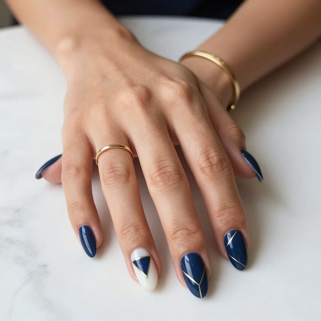 Navy Blue Geometric Shapes Nails