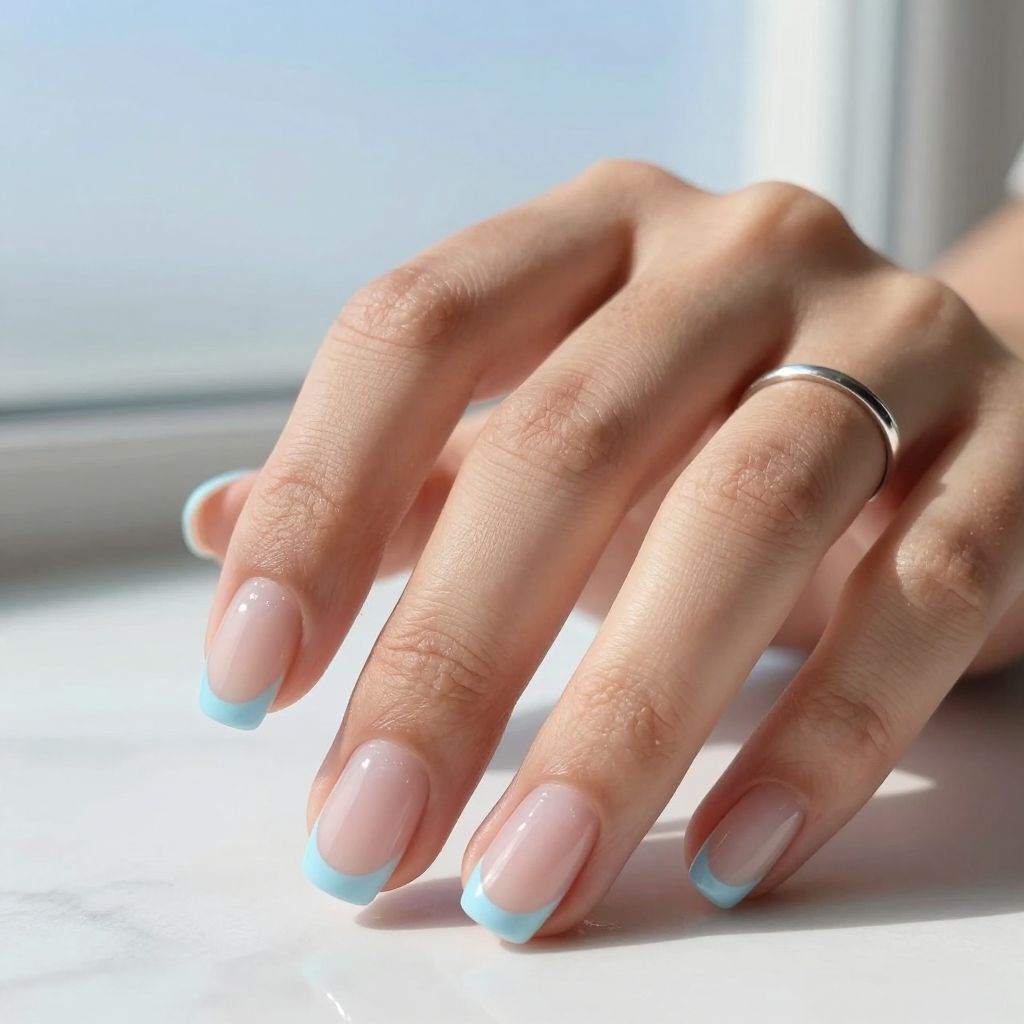 Sky kissed French pastel blue nail tips