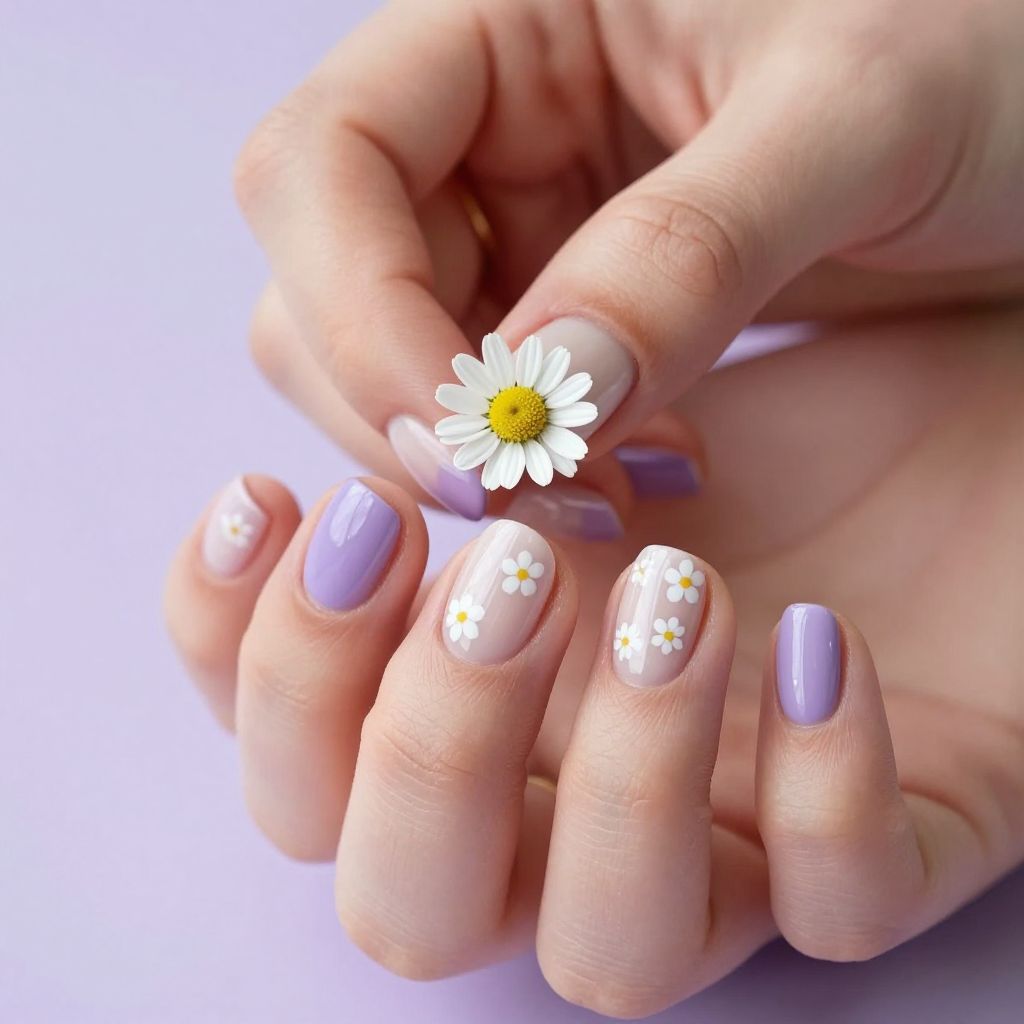 Periwinkle nails with small floral art