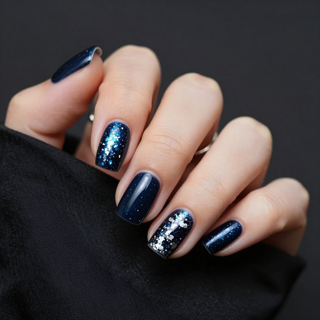 Midnight blue nails with silver foil splatter