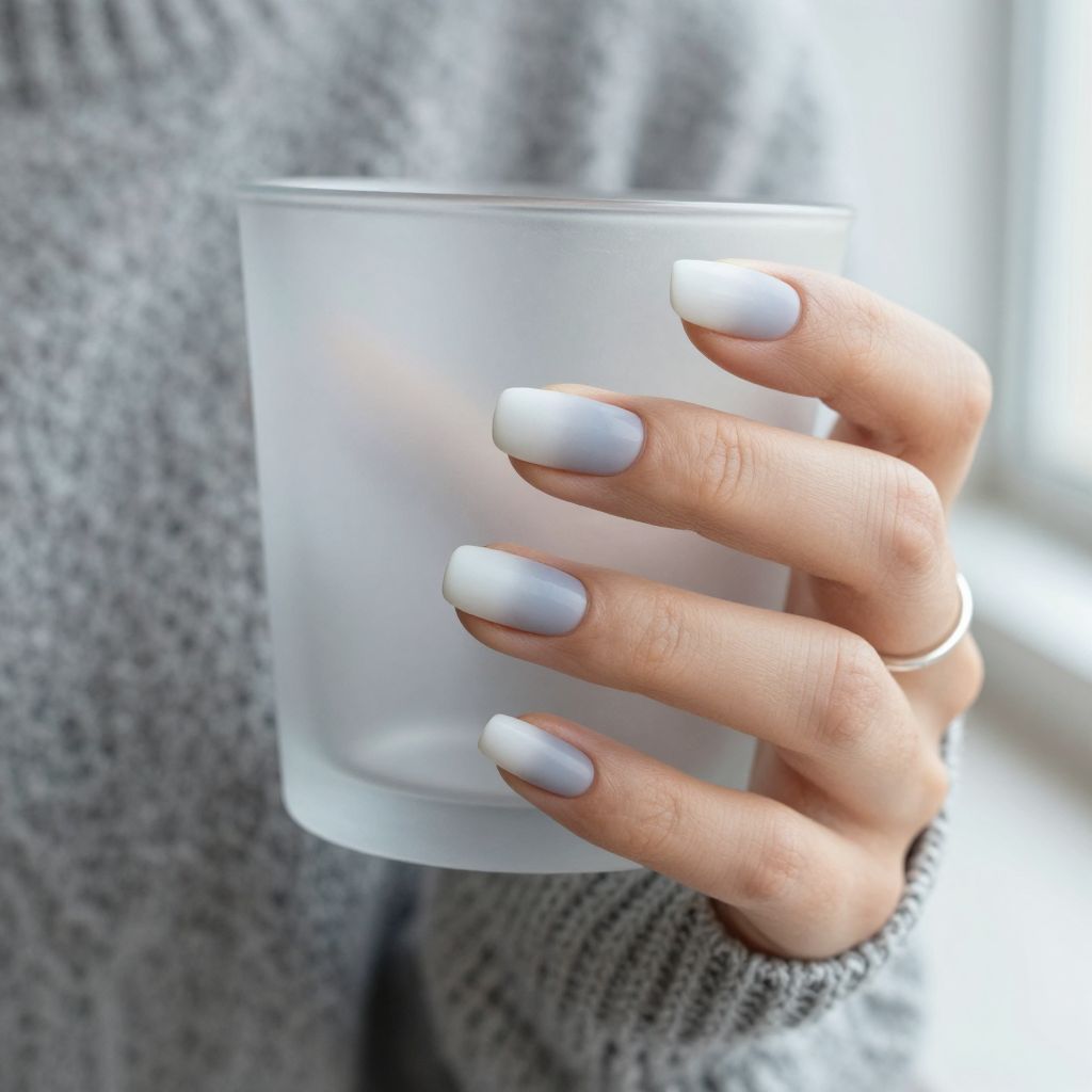 Soft blue to white cloudy gradient nails