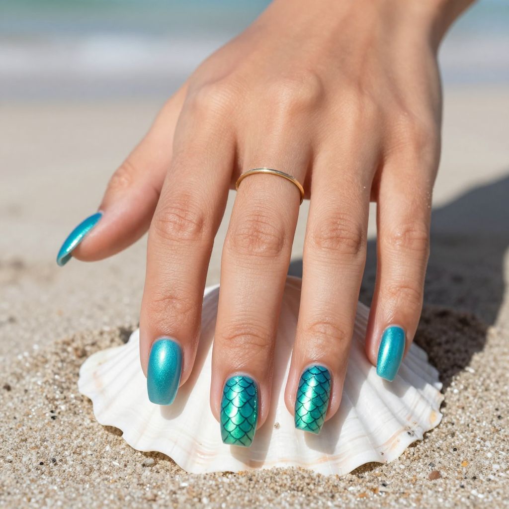 Turquoise shimmer nails with mermaid scale accent