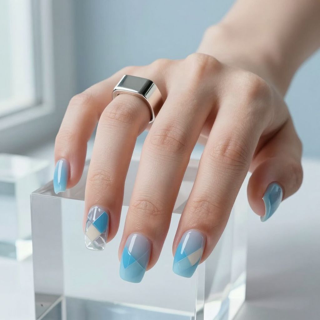 Icy blue geometric negative space nails