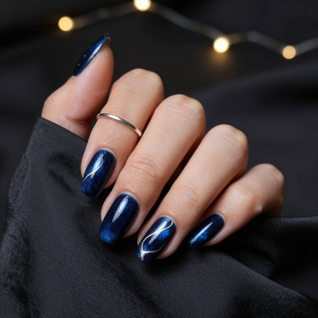 Deep navy velvet cat eye blue nails