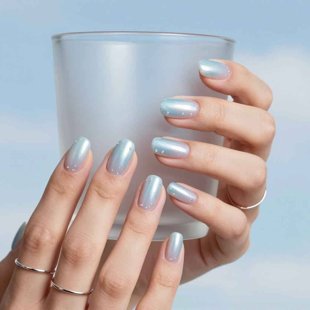 Milky blue chrome shiny nails
