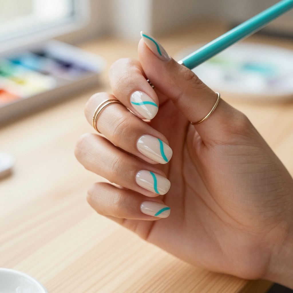 Aqua abstract squiggle nail art on nude base