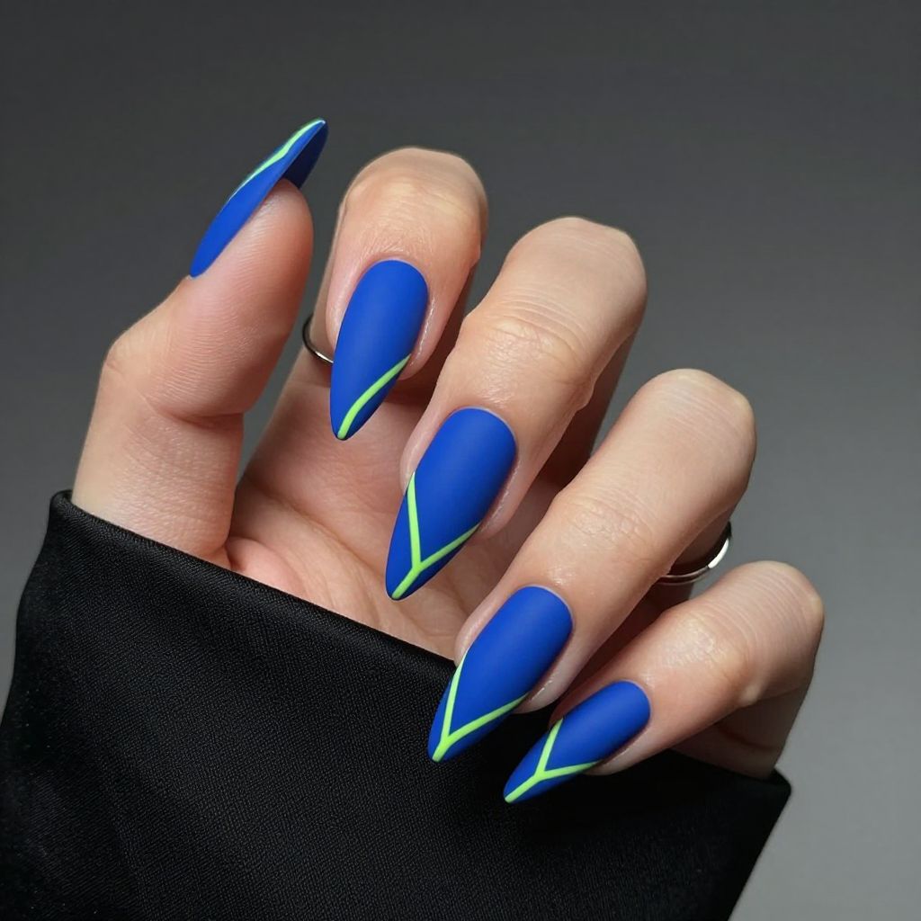 Matte cobalt nails with neon lime lines