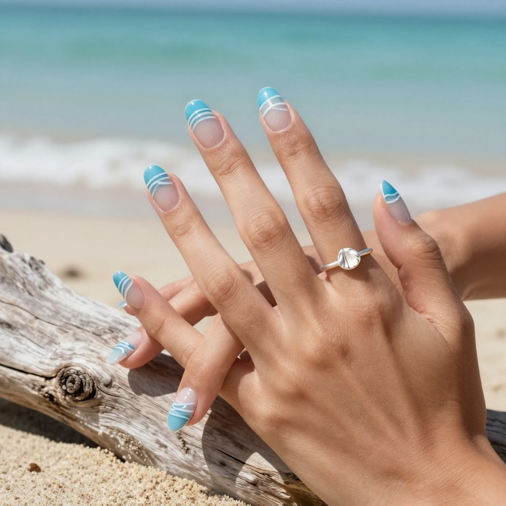 Clear nails with blue coastal wave tips