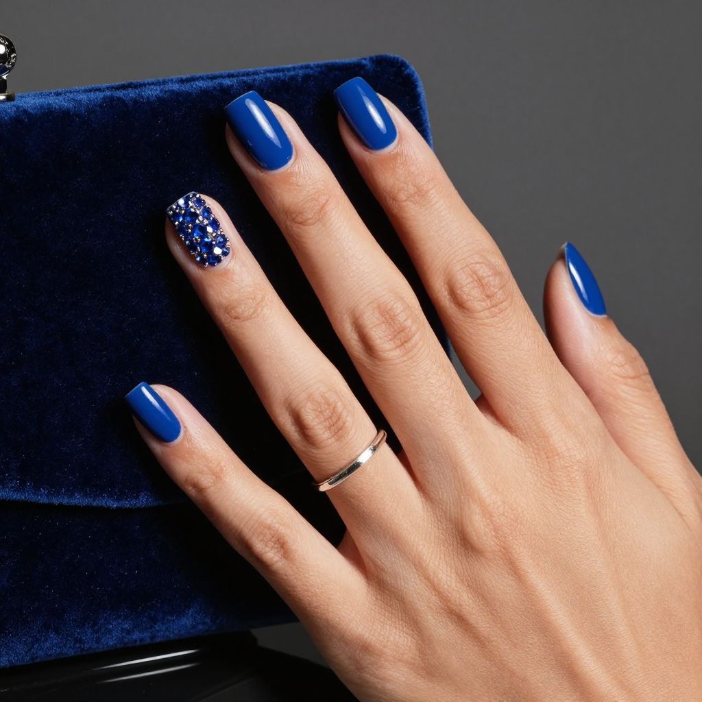 Royal blue nails with sapphire rhinestone accents