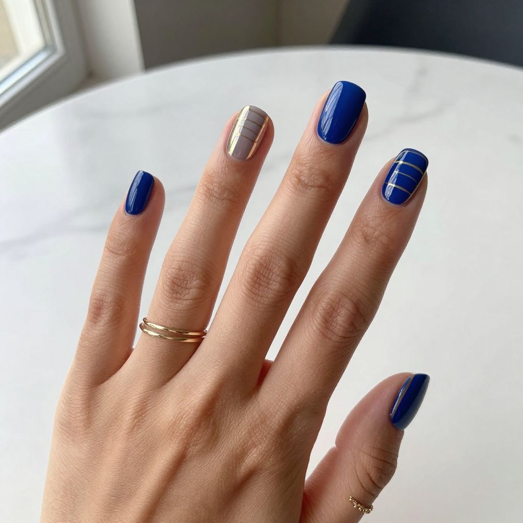 Prussian Blue with Metallic Striping blue nail inspo short