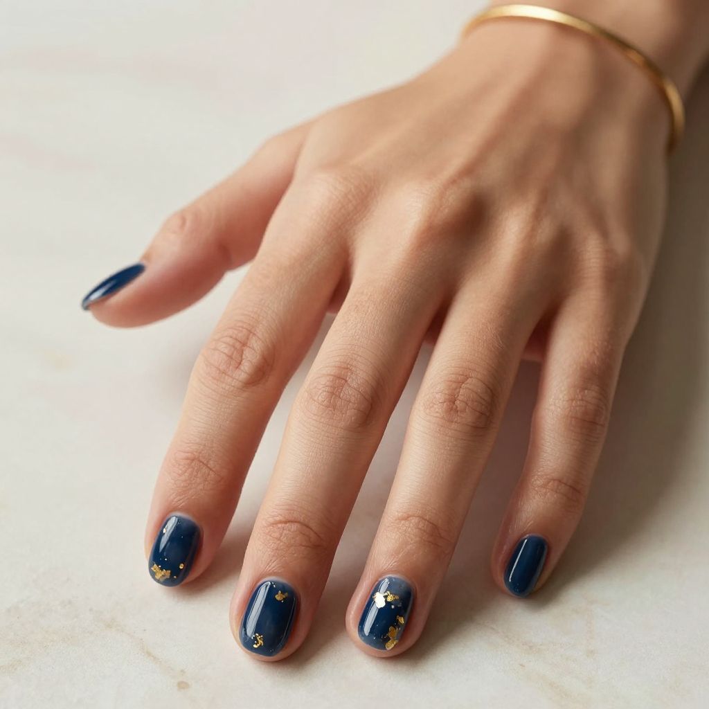 Navy Jelly with Embedded Gold Flakes blue nail inspo short