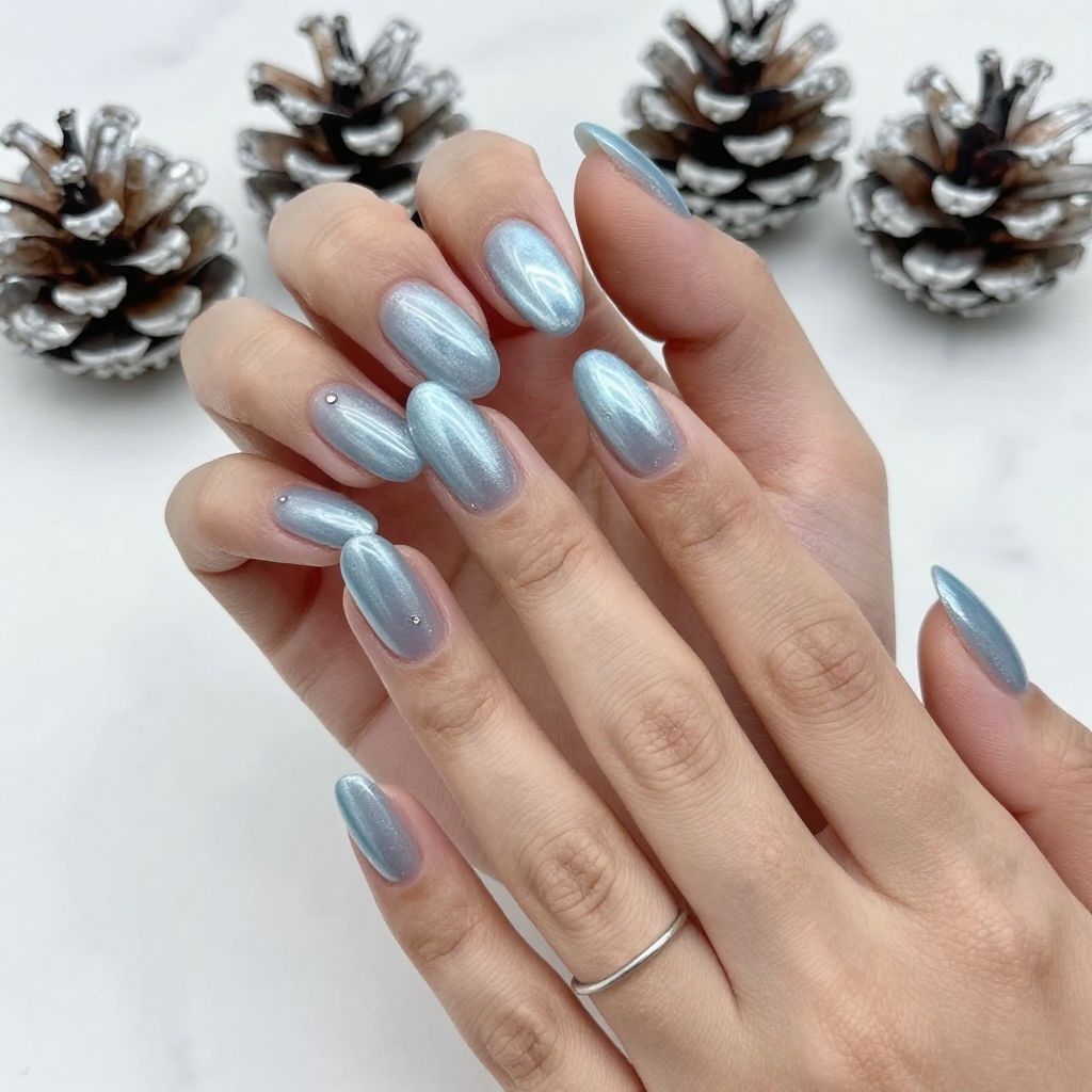 Icy Blue Chrome Almond Nails