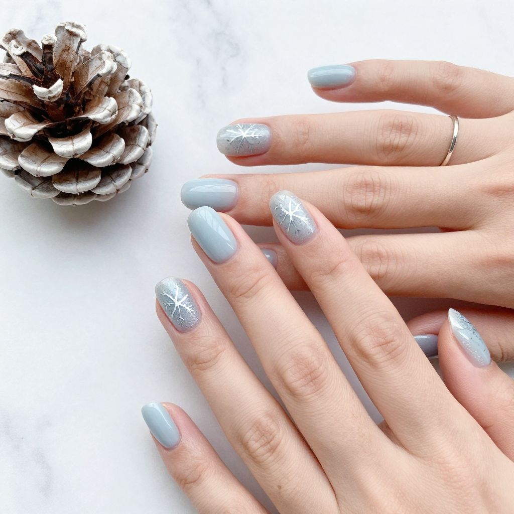 Pale Blue and Silver Snowflake Nails