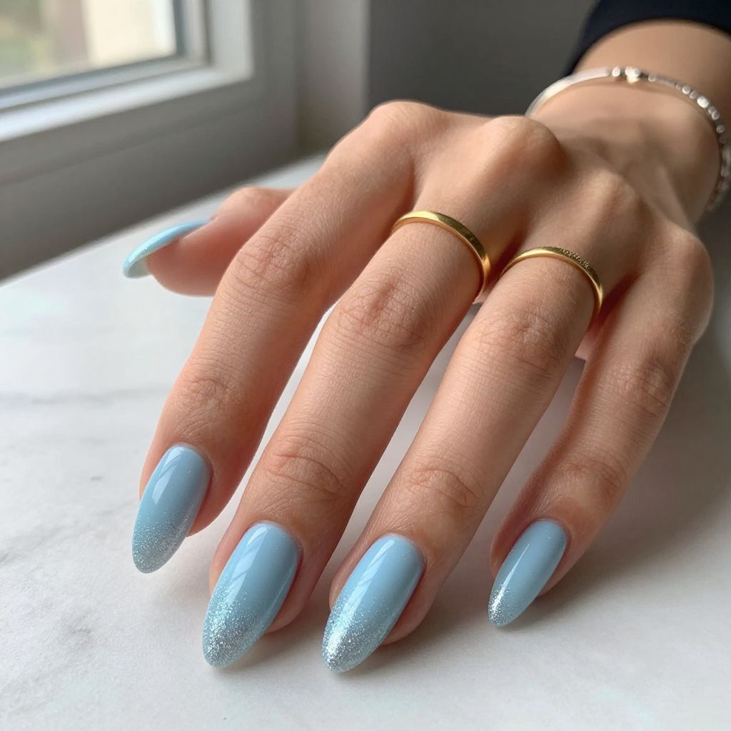 Frosted Blue Glitter Ombre Nails