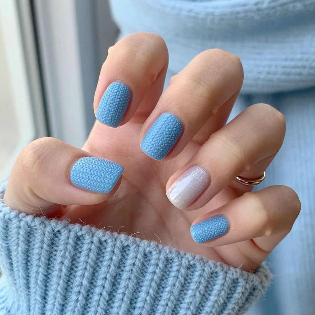 Blue and White Plaid Short Nails