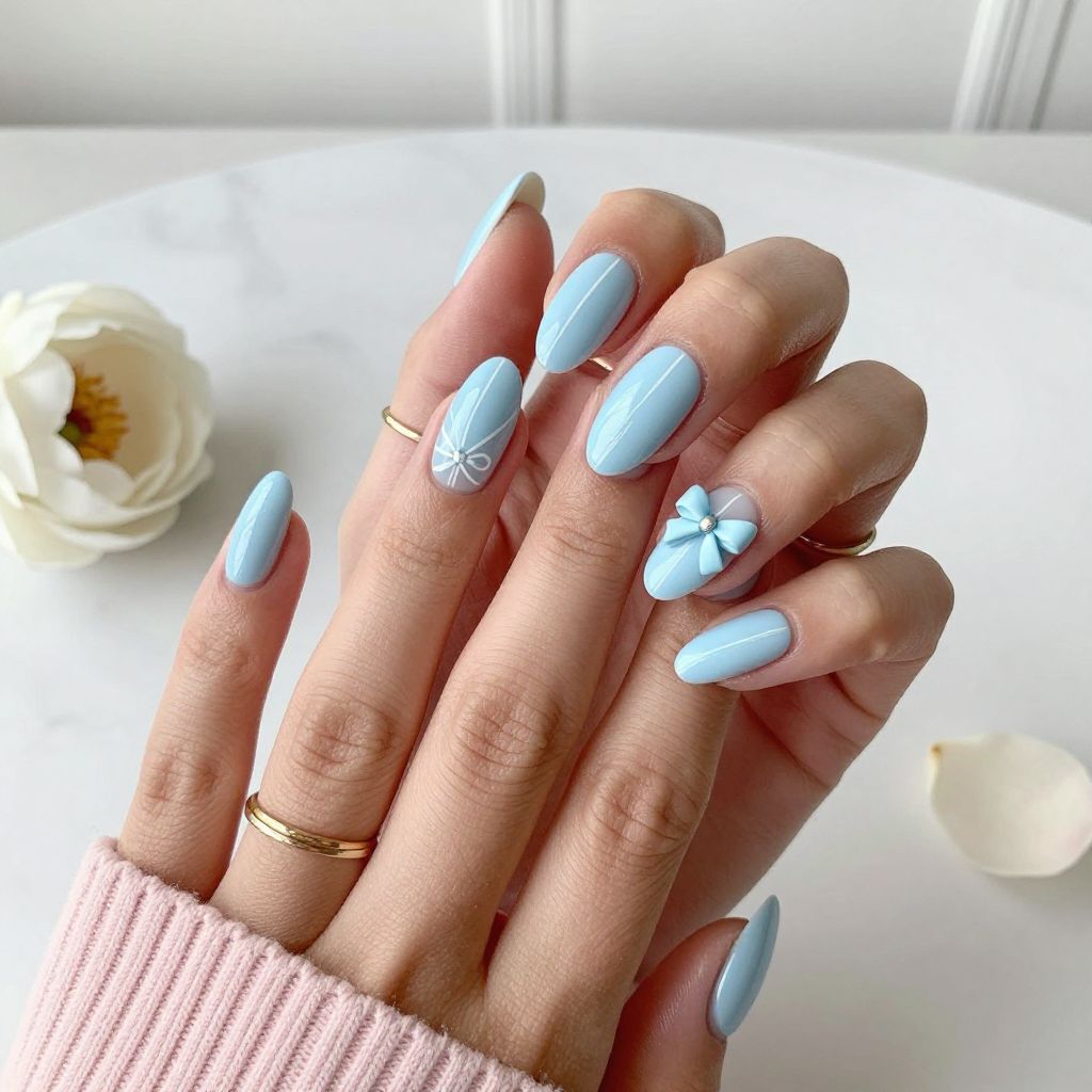 Baby Blue Ribbon Bow Nails