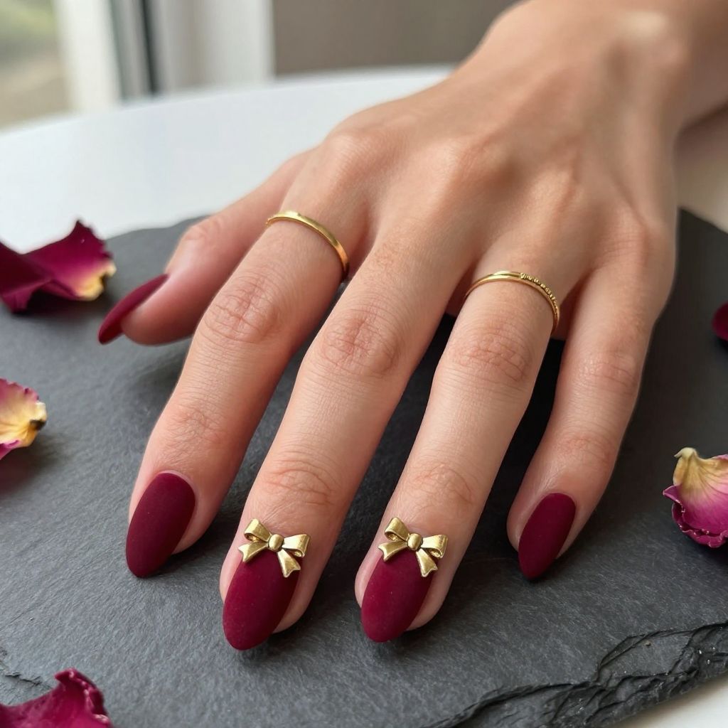 Red Velvet Bow Accent Nails
