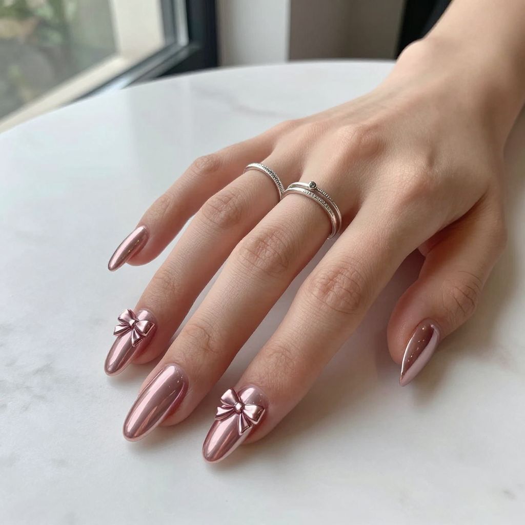 Pink Chrome Bow Charm Nails