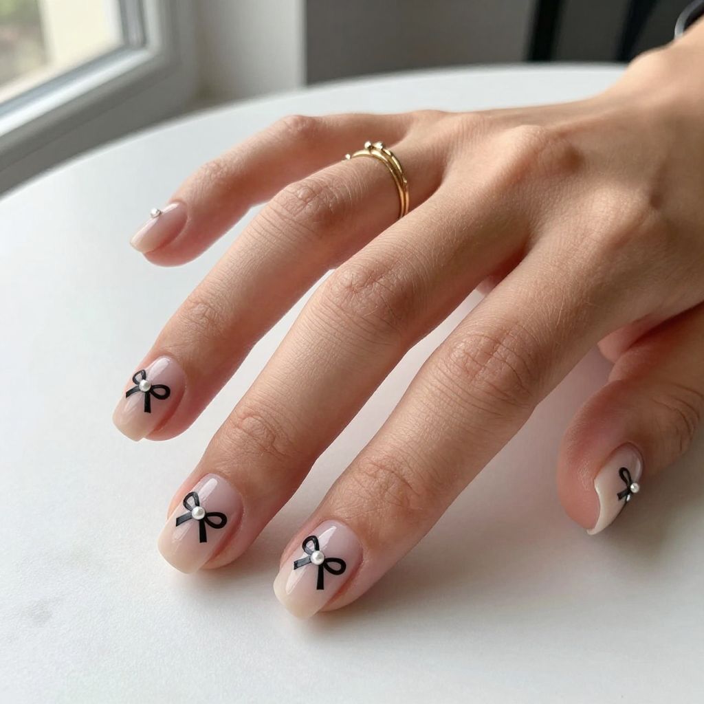 Black Bow and Pearl Nails