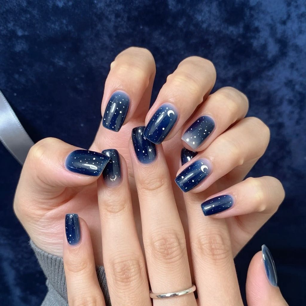 Navy tiny starry speckle bridesmaid nails