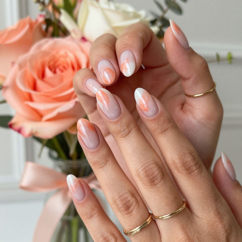 Coral watercolor swirl bridesmaid nails
