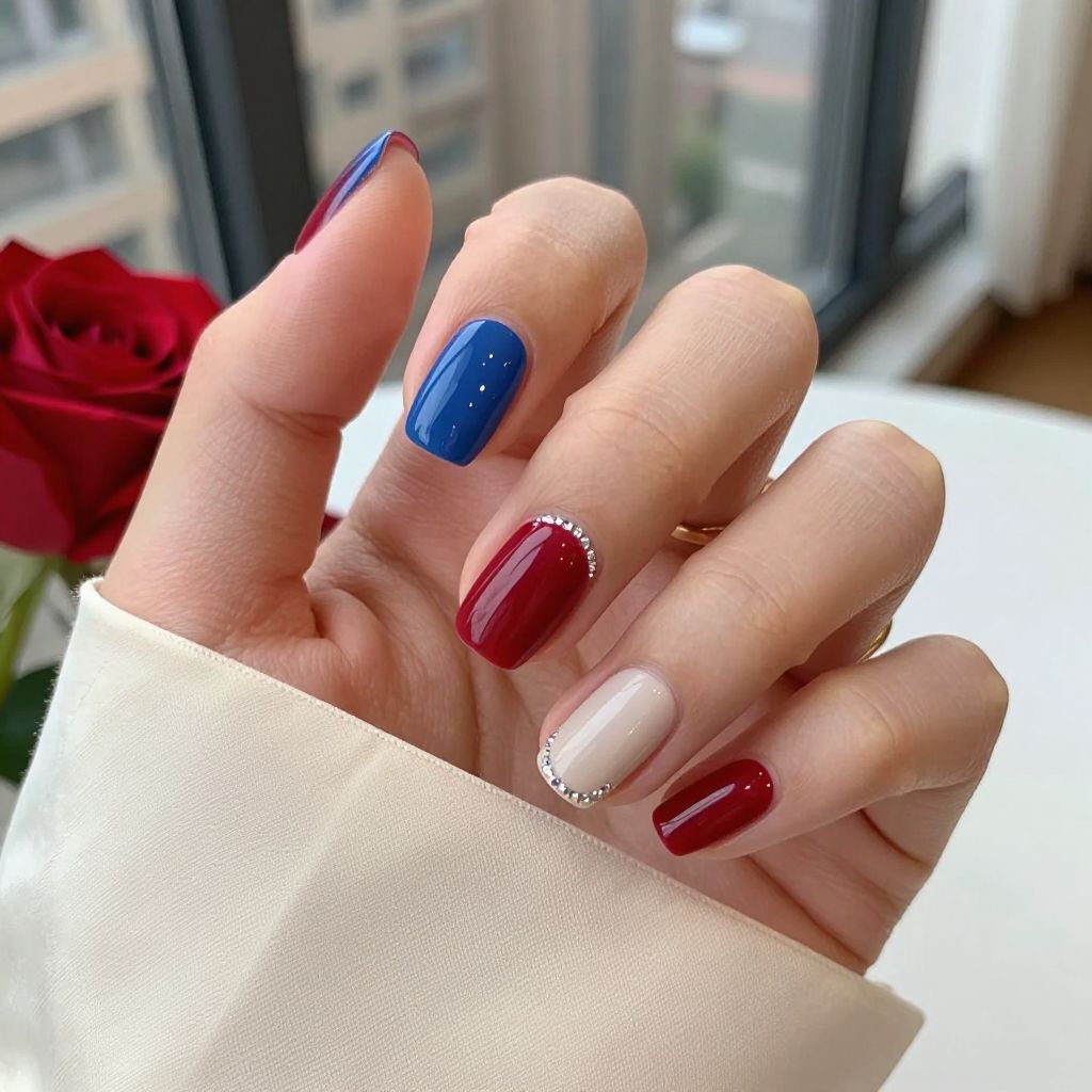 Classic red short square bridesmaid nails