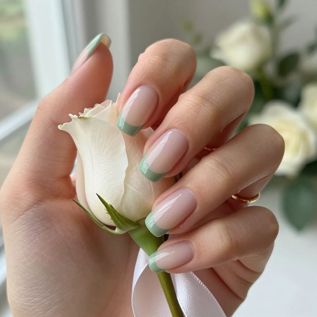 Sage green micro french bridesmaid nails