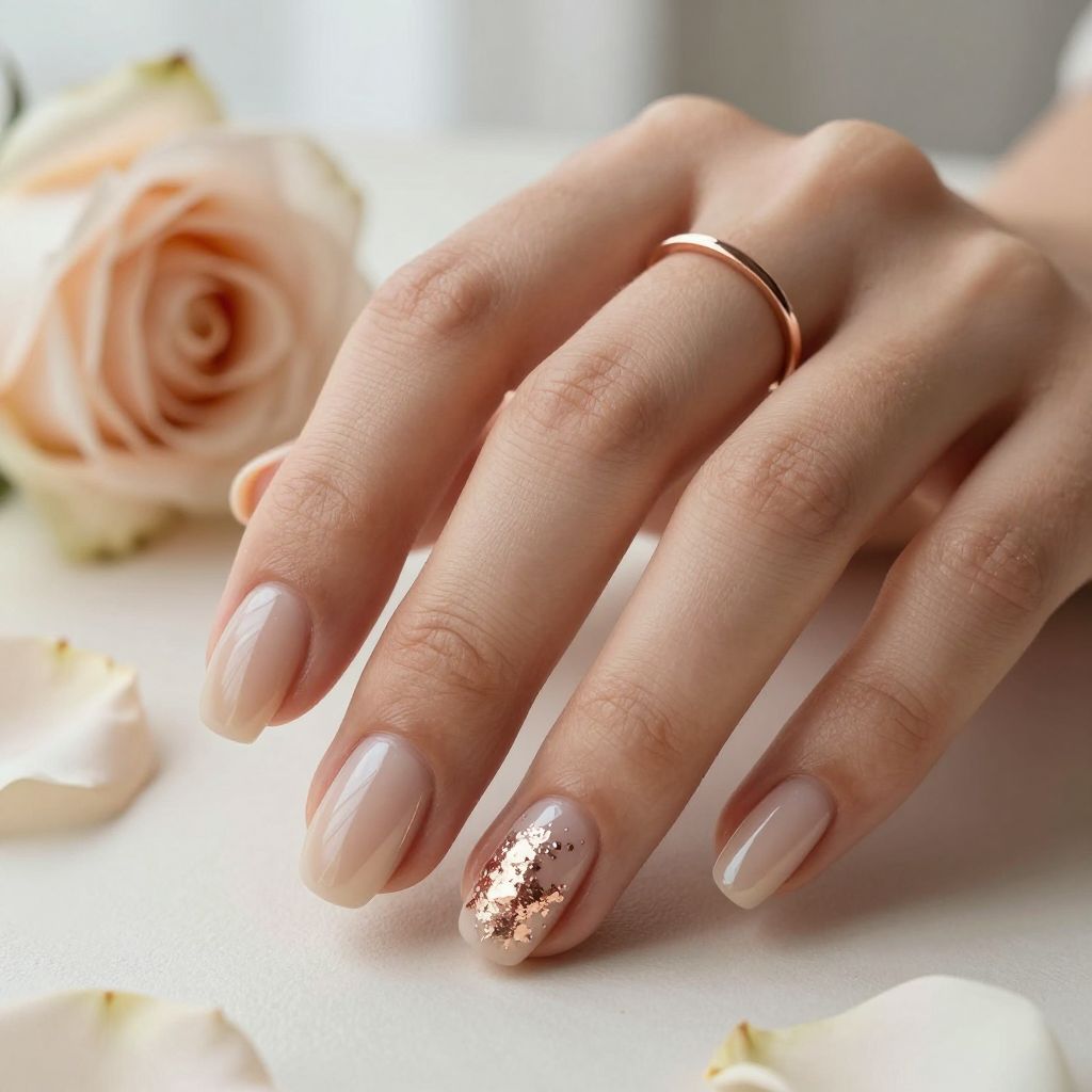 Nude gloss with foil flakes bridesmaid nails