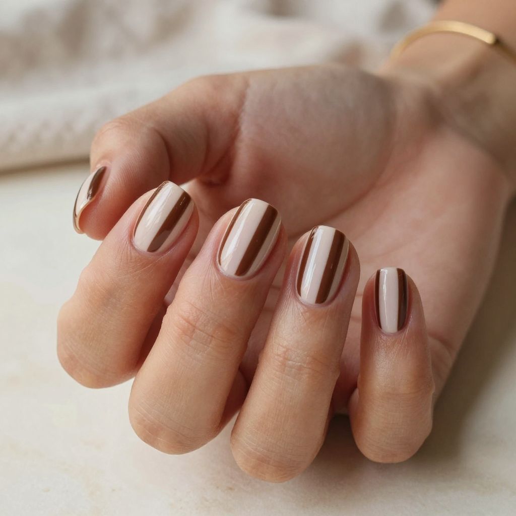 Brown and Cream Striped Nails