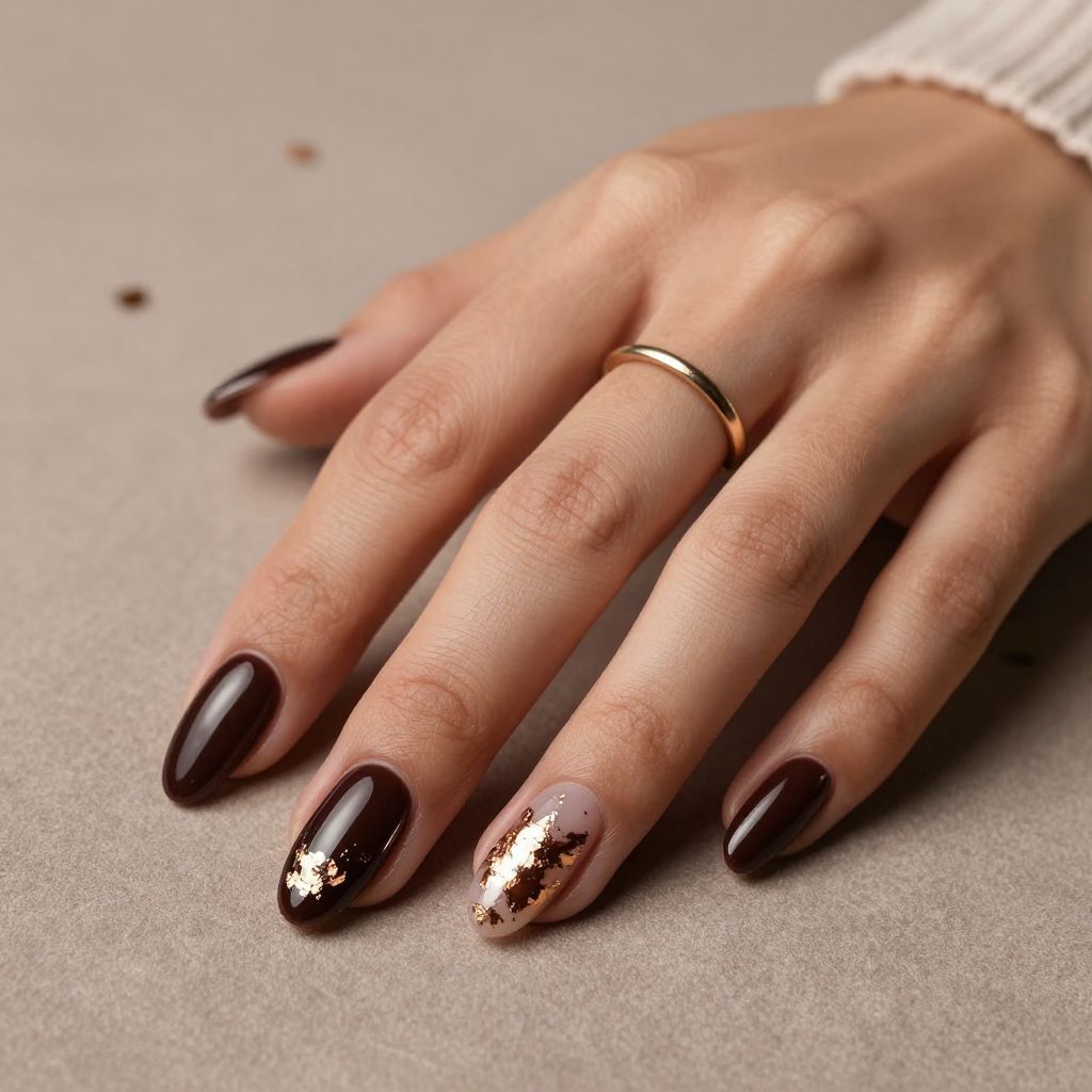 Dark mocha nails with bronze foil