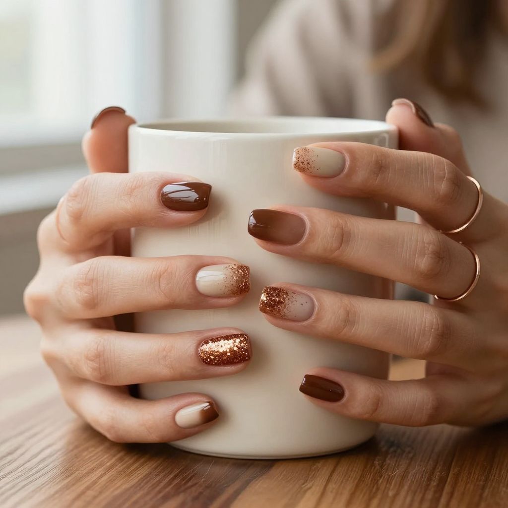 Coffee brown nails with glitter accent