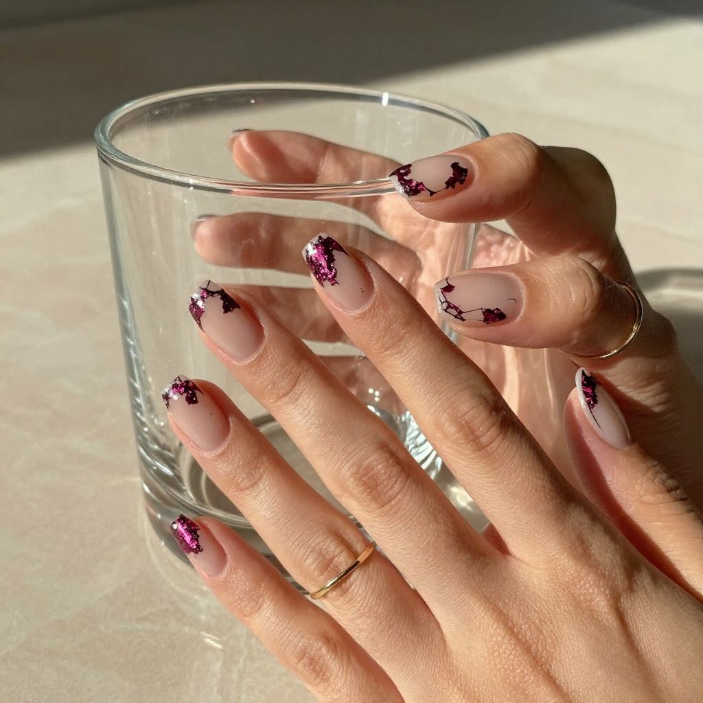 Burgundy foil shard nails