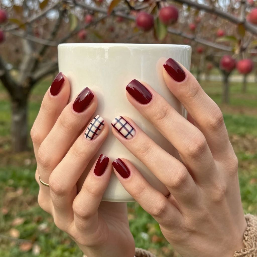 Plaid burgundy accent nail design