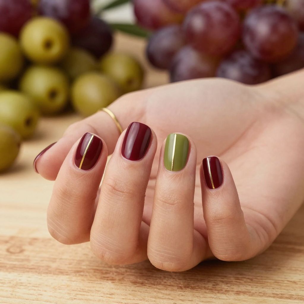 Burgundy and olive split nail design
