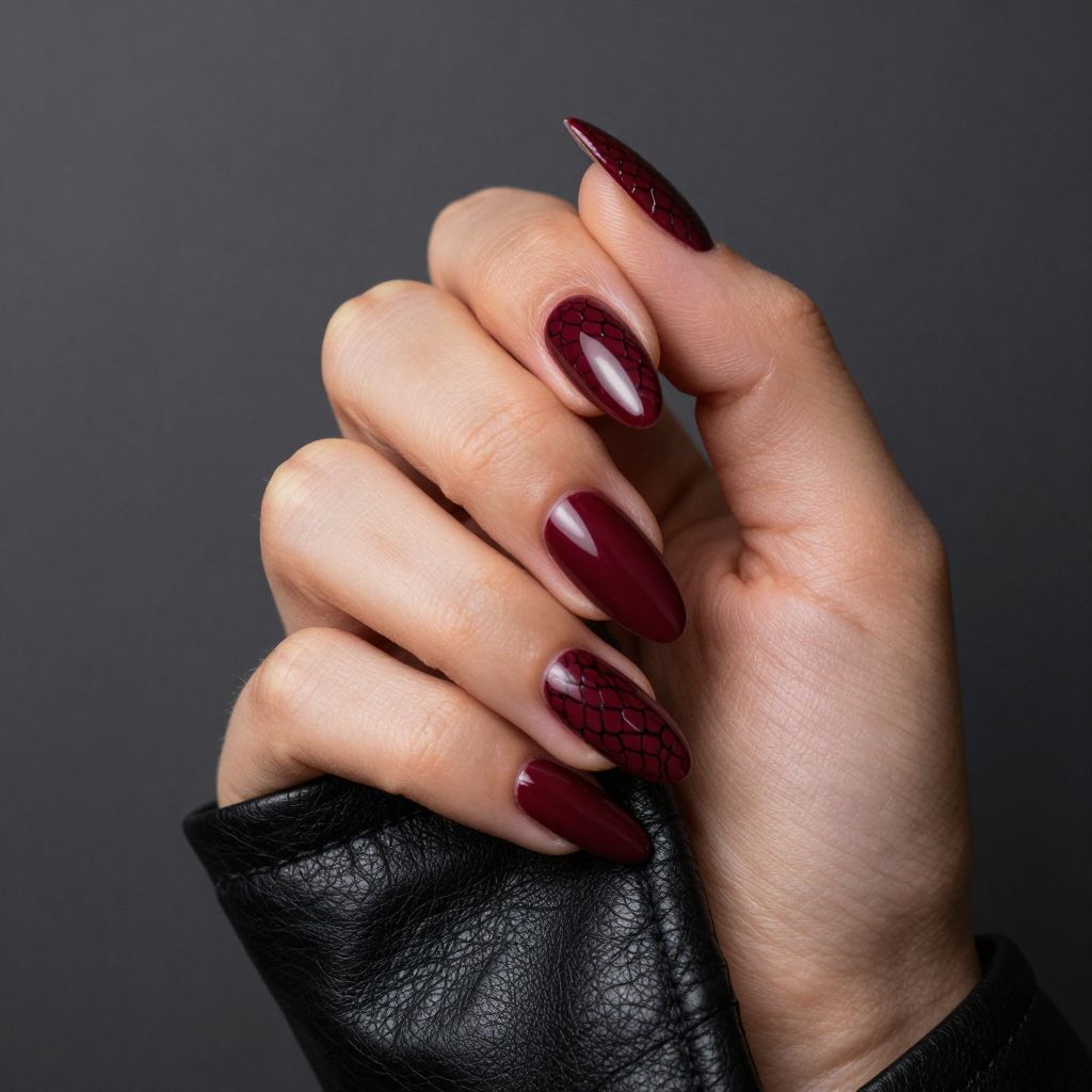 Burgundy snake print nail design