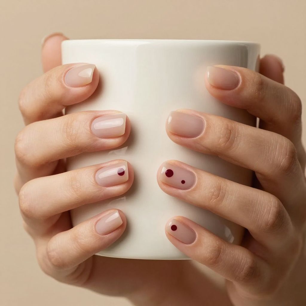 Minimal nude nails with burgundy dot