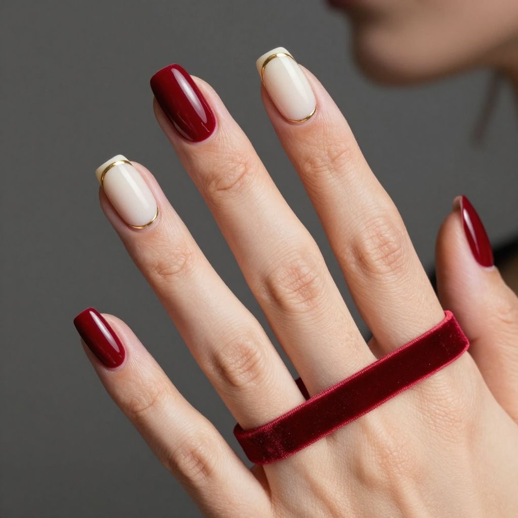 Burgundy French nails with gold tip