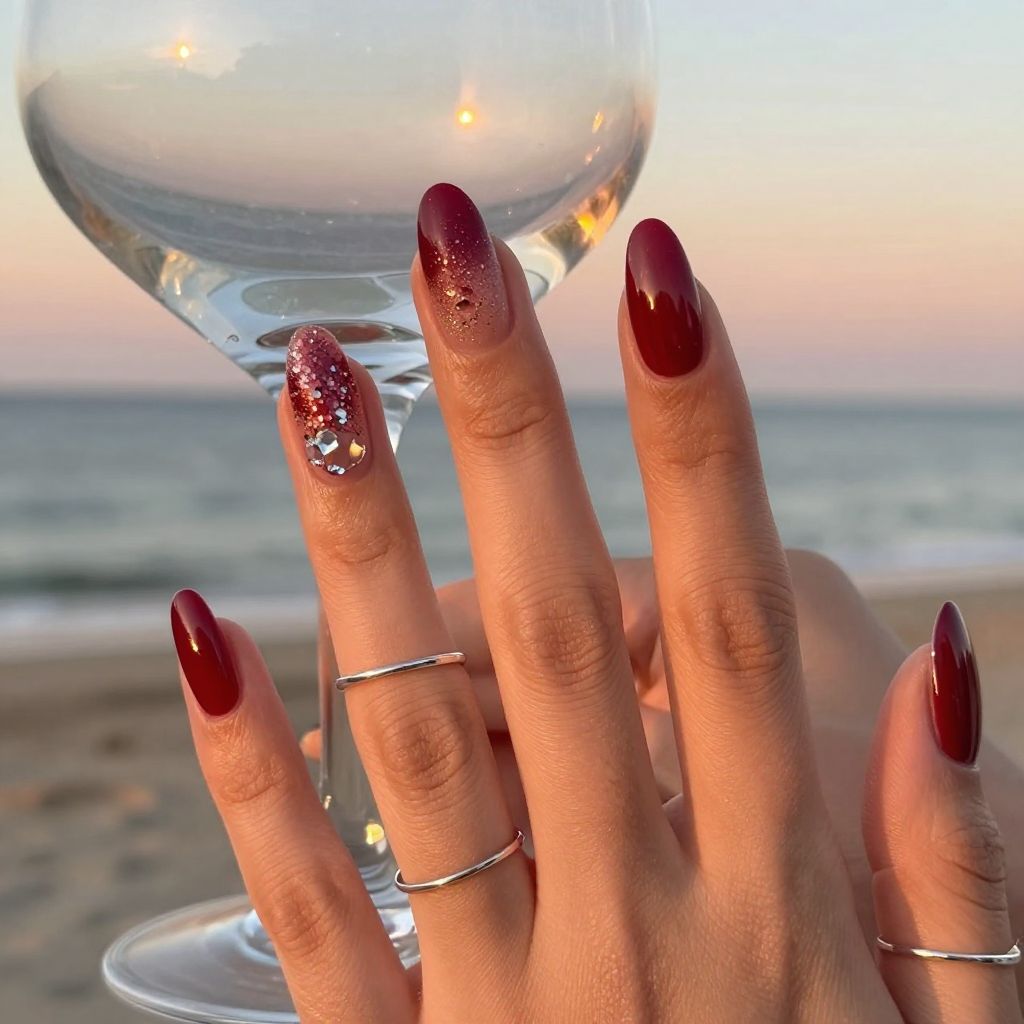 Burgundy jelly nails with sparkle
